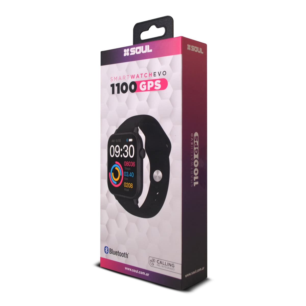 Reloj Smartwatch EVO 1100 GPS - SOUL de Fomo Argentina - El Smartwatch Soul EVO 1100 GPS es un reloj inteligente accesible con funciones deportivas y de conectividad. Cuenta con GPS en línea para registrar rutas, pantalla táctil a color, monitoreo de salud (ritmo cardíaco, presión arterial, oxígeno en sangre), contador de pasos, control de música y alertas de notificaciones. Además, permite realizar y recibir llamadas desde el reloj. Su batería dura aproximadamente tres días con uso moderado. Es ideal para quienes buscan un dispositivo funcional para mantenerse activos y conectados sin depender del celular. Está disponible en rosa y negro.