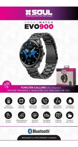 Reloj Smartwatch - EVO 900 - SOUL de Fomo Argentina - El Smartwatch Evo 900 Soul es un reloj inteligente con pantalla táctil de 1.43" y resolución de 466x466 píxeles. Ofrece monitoreo de salud (frecuencia cardíaca, presión arterial, oxígeno en sangre, sueño) y funciones deportivas (correr, caminar, ciclismo, etc.). Permite realizar llamadas Bluetooth, recibir notificaciones y controlar música o cámara del smartphone. Su batería de 280 mAh dura hasta 7 días con uso normal. Tiene resistencia al agua IP67 y es compatible con Android e iOS. Su diseño elegante con malla metálica y diversas funciones lo hacen ideal para quienes buscan un smartwatch completo y funcional.
