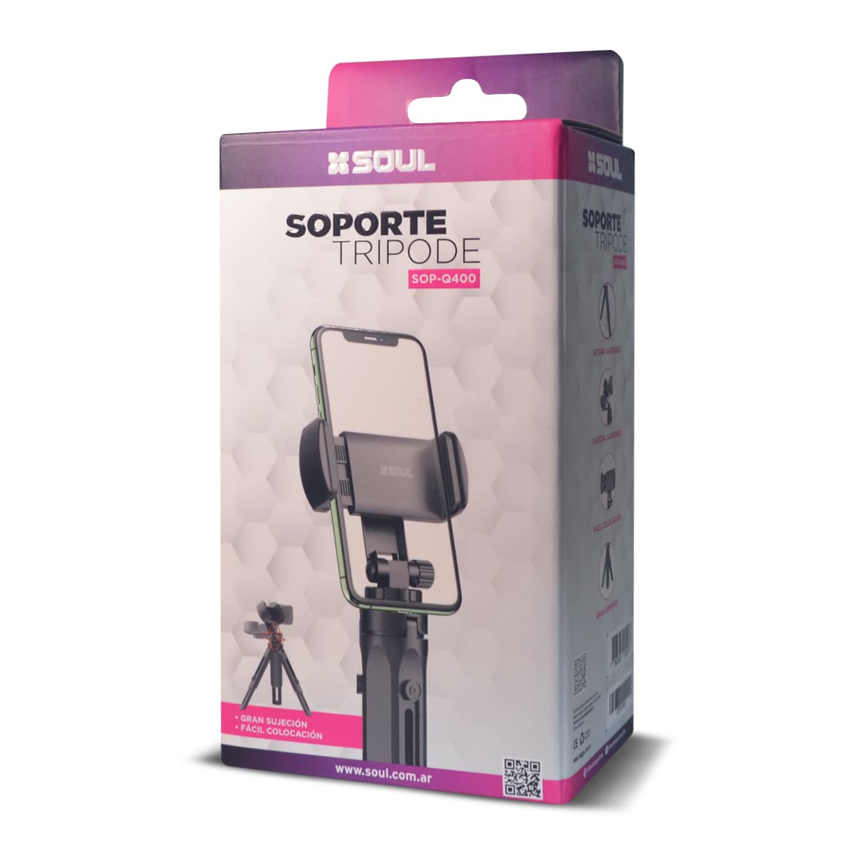 Tripode SOP-Q400 - SOUL de Fomo Argentina - El trípode SOUL SOP-Q400 es un soporte compacto y versátil diseñado para dispositivos móviles, fabricado en ABS reforzado, con altura ajustable entre 10 y 15 cm, cabezal giratorio de 360°, compatible con marcas como LG, Motorola, Samsung, Xiaomi e iPhone, ideal para videollamadas, grabaciones y contenido en plataformas como TikTok, con una apertura máxima de piernas de 360° y sin nivel de burbuja ni estuche incluido