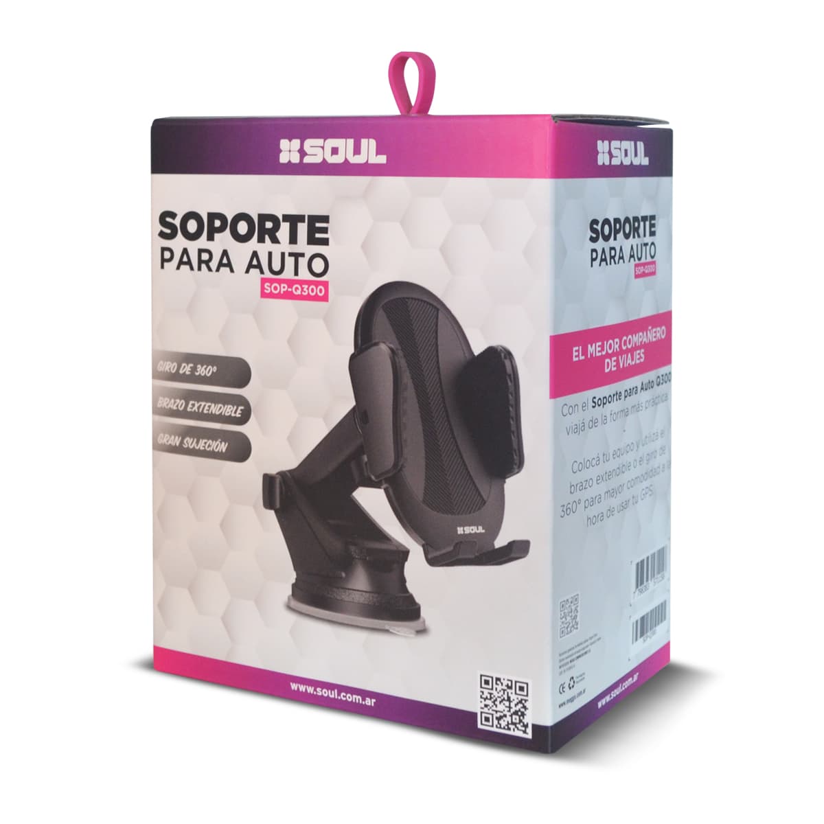 Soporte para auto-Q300 de Fomo Argentina - El Soporte Soul Q300 es un brazo extensible universal con sopapa de alta succión, ideal para colocarse en el parabrisas o tablero de tu auto. Permite una rotación de 360° para ajustar el ángulo a tu gusto y asegura una sujeción firme gracias a su sistema de pinza. Tiene materiales resistentes y antideslizantes, brindando estabilidad para tu celular o GPS y evitando caídas incluso en viajes con movimiento.